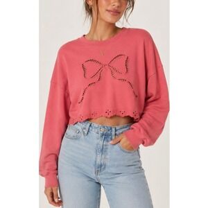 Simply Southern Bow Eyelet Cutout Cropped Sweatshirt Pink Relaxed Size Medium